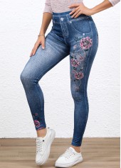 Denim Blue bottoms,Floral bottoms,Denim-Effect Print bottoms,Denim-effect Print Denim Blue High Waisted Elastic Waist Leggings