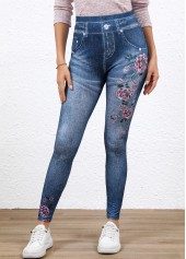 Denim Blue bottoms,Floral bottoms,Denim-Effect Print bottoms,Denim-effect Print Denim Blue High Waisted Elastic Waist Leggings