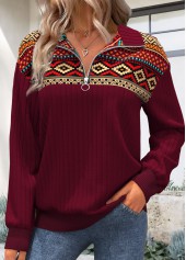 Deep Red tops,Tribal tops,ROTITA Zipper Tribal Print Deep Red Turn Down Collar Sweatshirt
