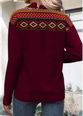 Deep Red tops,Tribal tops,ROTITA Zipper Tribal Print Deep Red Turn Down Collar Sweatshirt