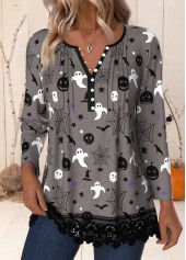 Dark Grey tops,Halloween tops,Animal Print tops,ROTITA Halloween Patchwork Dark Grey Split Neck Long Sleeve Shirt
