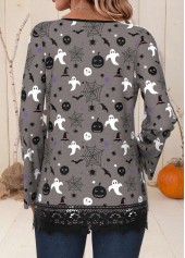 Dark Grey tops,Halloween tops,Animal Print tops,ROTITA Halloween Patchwork Dark Grey Split Neck Long Sleeve Shirt