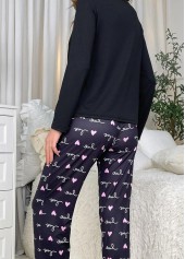 Black loungewear,Heart loungewear,Letter loungewear,Black Round Neck Heart Print Lounge Top and Pants