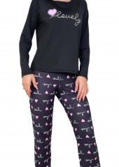 Black loungewear,Heart loungewear,Letter loungewear,Black Round Neck Heart Print Lounge Top and Pants