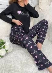 Black loungewear,Heart loungewear,Letter loungewear,Black Round Neck Heart Print Lounge Top and Pants