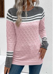 Pink tops,Striped tops,Contrast Color tops,Geometric tops,Patchwork Pink Round Neck Long Sleeve Sweater