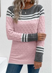 Pink tops,Striped tops,Contrast Color tops,Geometric tops,Patchwork Pink Round Neck Long Sleeve Sweater