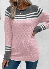 Pink tops,Striped tops,Contrast Color tops,Geometric tops,Patchwork Pink Round Neck Long Sleeve Sweater