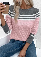 Pink tops,Striped tops,Contrast Color tops,Geometric tops,Patchwork Pink Round Neck Long Sleeve Sweater