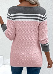 Pink tops,Striped tops,Contrast Color tops,Geometric tops,Patchwork Pink Round Neck Long Sleeve Sweater