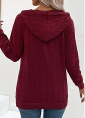 Wine Red tops,Plain Color tops,ROTITA Drawstring Jacquard Wine Red Long Sleeve Hoodie