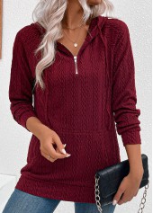 Wine Red tops,Plain Color tops,ROTITA Drawstring Jacquard Wine Red Long Sleeve Hoodie