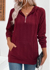 Wine Red tops,Plain Color tops,ROTITA Drawstring Jacquard Wine Red Long Sleeve Hoodie
