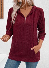 Wine Red tops,Plain Color tops,ROTITA Drawstring Jacquard Wine Red Long Sleeve Hoodie