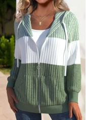 Sage Green tops,Contrast Color tops,ROTITA Zipper Sage Green Long Sleeve Hoodie