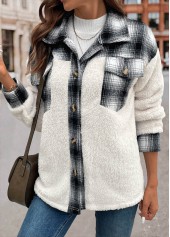 White tops,Geometric tops,Plaid tops,Patchwork Plaid White Shirt Collar Long Sleeve Coat