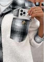 White tops,Geometric tops,Plaid tops,Patchwork Plaid White Shirt Collar Long Sleeve Coat