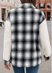 White tops,Geometric tops,Plaid tops,Patchwork Plaid White Shirt Collar Long Sleeve Coat