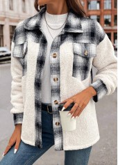 White tops,Geometric tops,Plaid tops,Patchwork Plaid White Shirt Collar Long Sleeve Coat