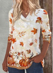 Light Yellow tops,Halloween tops,Plants tops,ROTITA Pumpkin Print Light Yellow V Neck T Shirt