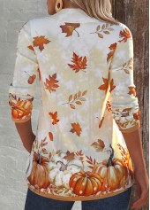 Light Yellow tops,Halloween tops,Plants tops,ROTITA Pumpkin Print Light Yellow V Neck T Shirt