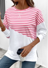Pink tops,Striped tops,Geometric tops,ROTITA Patchwork Striped Pink Round Neck Long Sleeve Sweatshirt