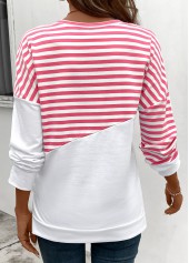 Pink tops,Striped tops,Geometric tops,ROTITA Patchwork Striped Pink Round Neck Long Sleeve Sweatshirt