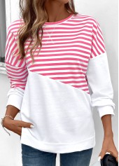Pink tops,Striped tops,Geometric tops,ROTITA Patchwork Striped Pink Round Neck Long Sleeve Sweatshirt