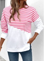 Pink tops,Striped tops,Geometric tops,ROTITA Patchwork Striped Pink Round Neck Long Sleeve Sweatshirt