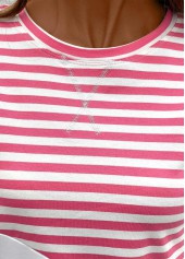 Pink tops,Striped tops,Geometric tops,ROTITA Patchwork Striped Pink Round Neck Long Sleeve Sweatshirt