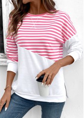 Pink tops,Striped tops,Geometric tops,ROTITA Patchwork Striped Pink Round Neck Long Sleeve Sweatshirt