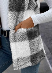 Black tops,Geometric tops,Plaid tops,Faux Fur Plaid Black Round Neck Sleeveless Waistcoat