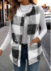 Black tops,Geometric tops,Plaid tops,Faux Fur Plaid Black Round Neck Sleeveless Waistcoat