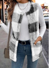 Black tops,Geometric tops,Plaid tops,Faux Fur Plaid Black Round Neck Sleeveless Waistcoat