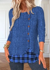 Blue tops,Plaid tops,Striped tops,Geometric tops,ROTITA Button Plaid Blue Round Neck Long Sleeve T Shirt