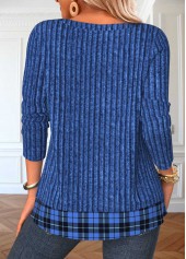 Blue tops,Plaid tops,Striped tops,Geometric tops,ROTITA Button Plaid Blue Round Neck Long Sleeve T Shirt