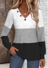 Black tops,Contrast Color tops,ROTITA Patchwork Black V Neck Long Sleeve Sweatshirt