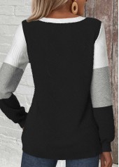 Black tops,Contrast Color tops,ROTITA Patchwork Black V Neck Long Sleeve Sweatshirt