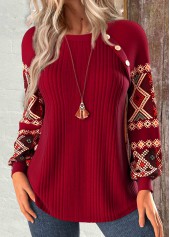 ROTITA Patchwork Tribal Print Wine Red Round Neck Sweatshirt