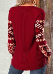 Wine Red tops,Tribal tops,ROTITA Patchwork Tribal Print Wine Red Round Neck Sweatshirt