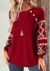 Wine Red tops,Tribal tops,ROTITA Patchwork Tribal Print Wine Red Round Neck Sweatshirt