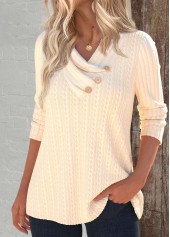 Beige tops,Plain Color tops,ROTITA Button Beige Asymmetrical Neck Long Sleeve Sweatshirt