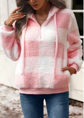 Pink tops,Geometric tops,Plaid tops,ROTITA Drawstring Plaid Pink Long Sleeve Hoodie