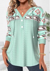 Green tops,Tribal tops,ROTITA Patchwork Tribal Print Green Long Sleeve Hoodie