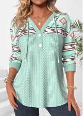 Grüner Rotita-Patchwork-Stammes-Print-Kapuzenpullover mit langen Ärmeln