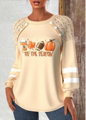 Light Camel tops,Halloween tops,Plants tops,Striped tops,Letter tops,ROTITA Halloween Patchwork Light Camel Round Neck Long Sleeve Sweatshirt