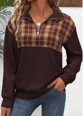 Dark Coffee tops,Plaid tops,Striped tops,Geometric tops,ROTITA Zipper Plaid Dark Coffee V Neck Long Sleeve Sweatshirt