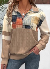 ROTITA Zipper Geometric Print Light Camel V Neck Sweatshirt