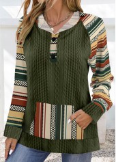 Olive Green tops,Tribal tops,ROTITA Patchwork Tribal Print Olive Green Long Sleeve Hoodie