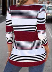 Deep Red tops,Striped tops,Geometric tops,ROTITA Patchwork Striped Deep Red Round Neck T Shirt
